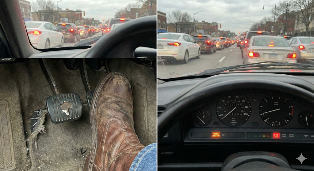 motorista no trânsito com pedal de embreagem desgastado e dificuldade para trocar marchas