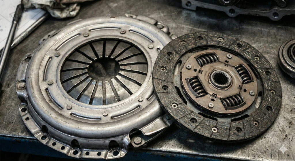 embreagem desgastada com disco e platô mostrando sinais de desgaste