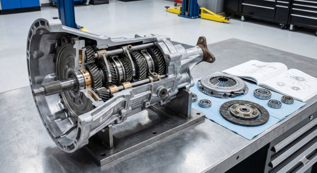 caixa de marcha manual desmontada com embreagem e engrenagens visíveis