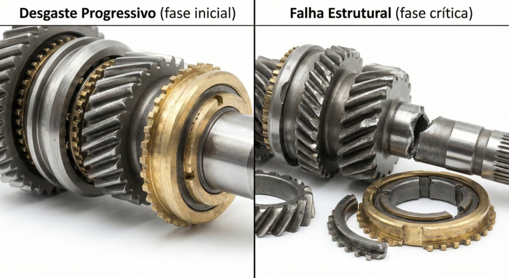 diferença entre desgaste progressivo e falha estrutural na caixa de câmbio
