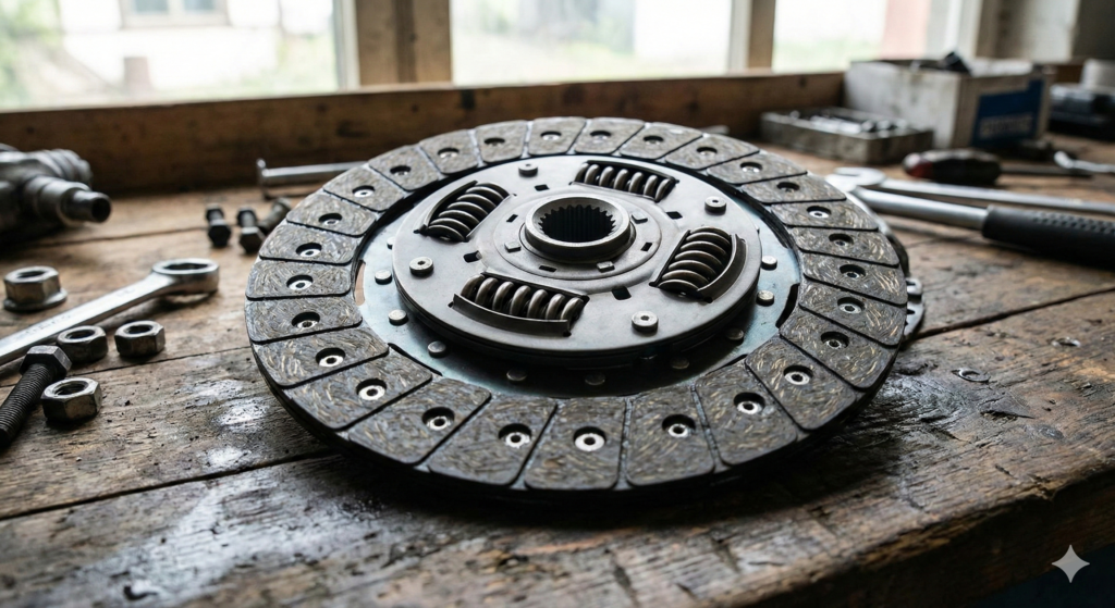 embreagem desgastada com disco e platô mostrando sinais de desgaste