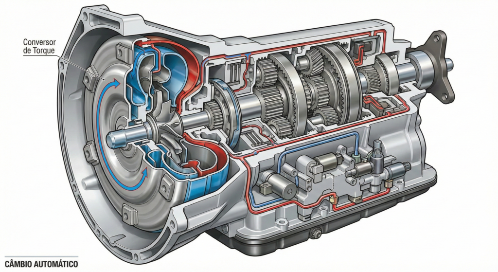 estrutura interna do câmbio automático com conversor de torque