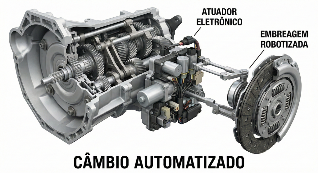 estrutura interna do câmbio automatizado com atuador eletrônico