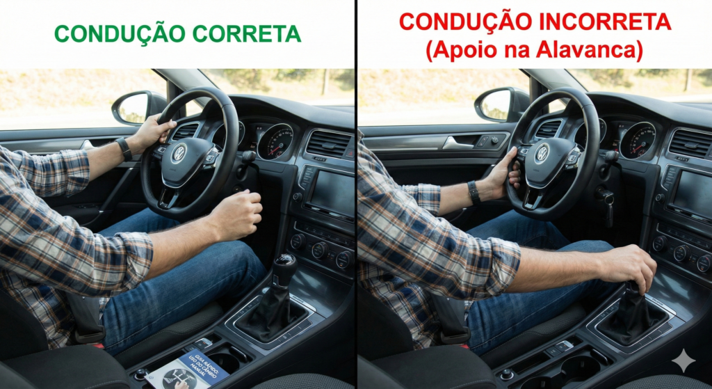 motorista apoiando a mão na alavanca de câmbio causando desgaste