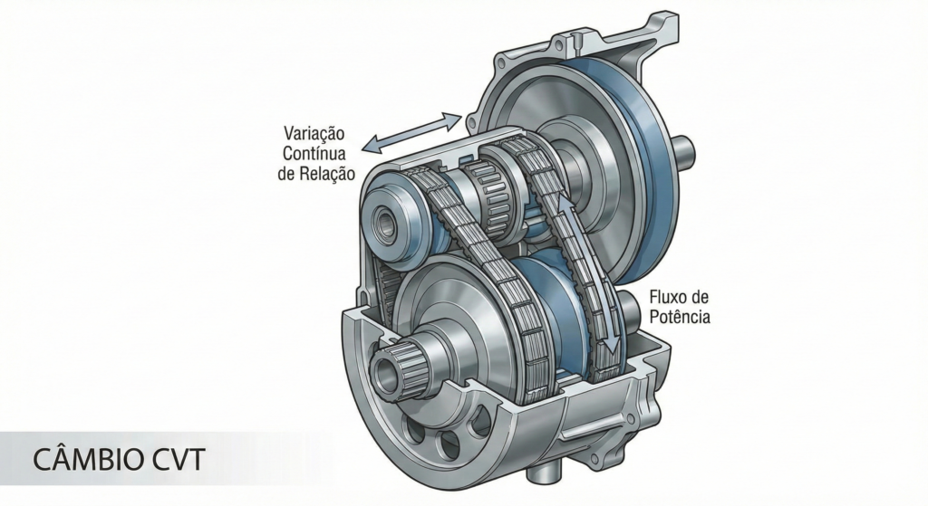 estrutura interna do câmbio CVT com polias e correia metálica