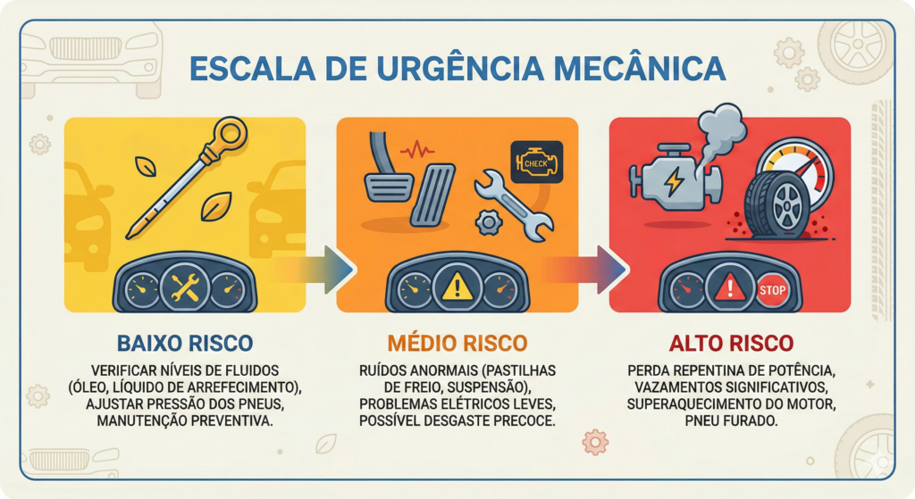 Infográfico simples mostrando escala de urgência mecânica:
