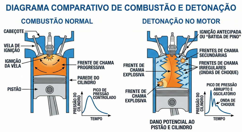 Ilustração técnica da combustão normal vs detonação