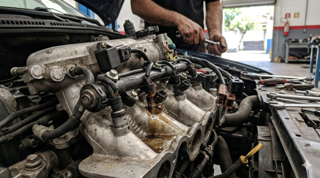 Foto técnica realista de injetor de combustível com pequeno vazamento próximo ao coletor de admissão de carro brasileiro, motor parcialmente desmontado, ambiente de oficina mecânica brasileira, luz natural, aspecto profissional