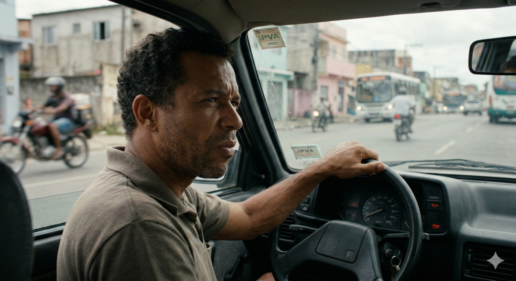 Motorista dirigindo com expressão de preocupação