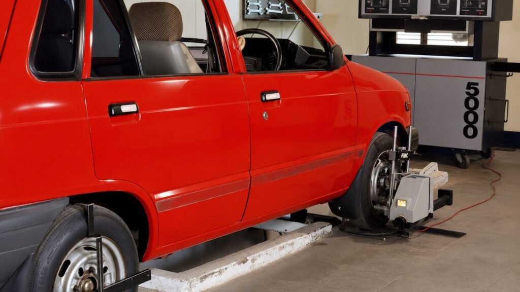 Carro vermelho em máquina de alinhamento de rodas em uma oficina: alinhamento e balanceamento