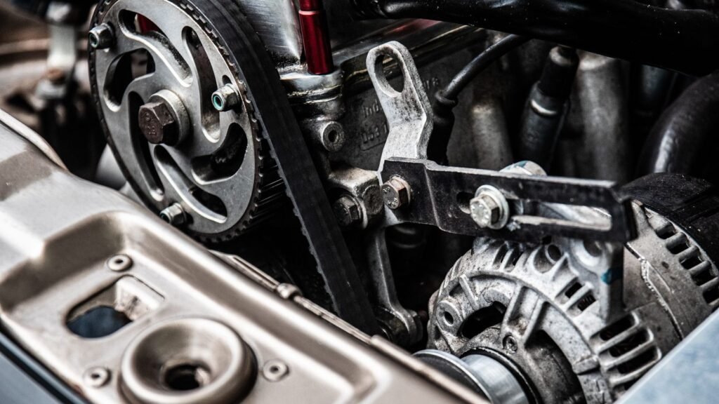 Motor com correia, tensor e alternador à mostra: correia do alternador