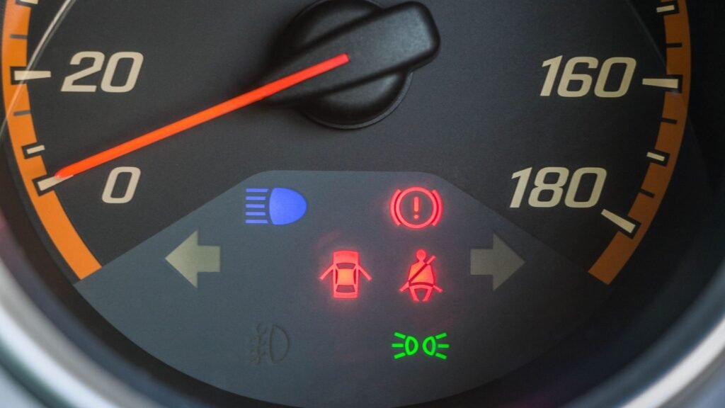 Painel do carro com luzes de alerta vermelhas, azul e verde acesas: luzes do painel