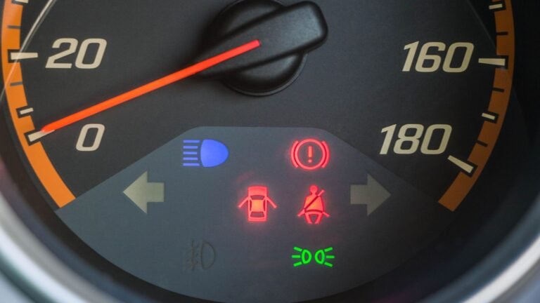 Painel do carro com luzes de alerta vermelhas, azul e verde acesas: luzes do painel